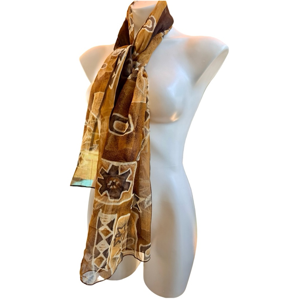 Vintage City Silk Company Chiffon Brown Tan Geometric Scarf 18x60